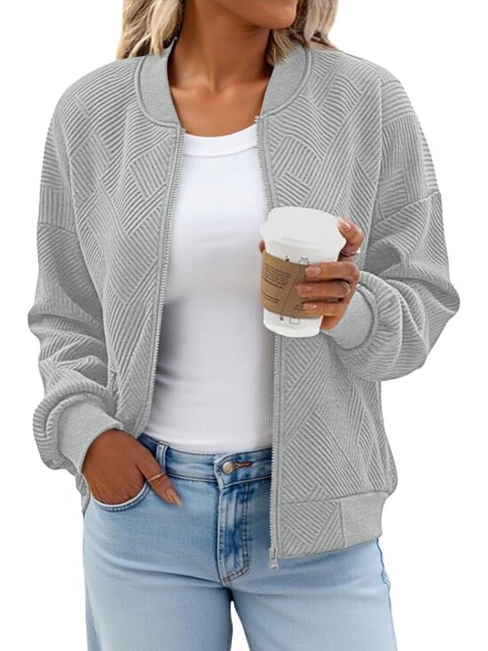 Jackets & Blazers - Women's Grey Bomber Jacket Trendy Casual Lightweight Zip Up Jacket with Pockets